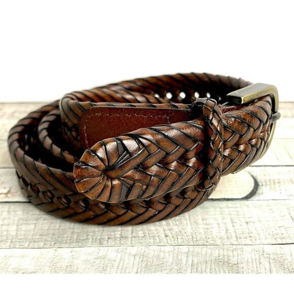 VINTAGE BRAIDED BROWN THICK BUCKLE GENUINE LEATHER CASUAL WOMEN`S BELT Sz L (50M - Picture 5 of 9